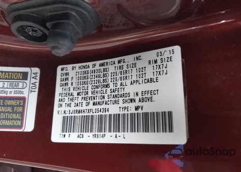 2015 Honda Cr-V Ex-L from USA, damaged, VIN 5J6RM4H7XFL054394